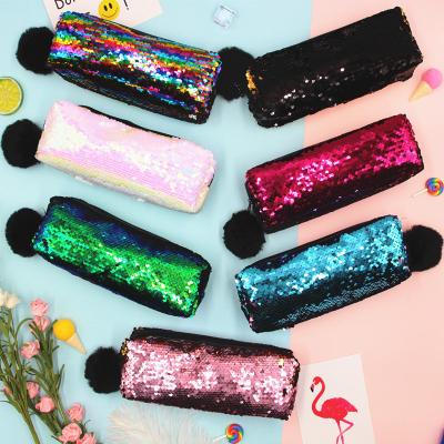 China Hip Hop Customized Fashion Special Flip Sequin Polyester Shiny Skin Care Beauty Makeup Cosmetic Bag For Women Tassel Ball Zipper for sale