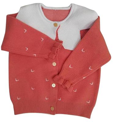 China RTS new style ruffle collar baby cardigan embroidery anti-shrink jacquard weave organic cotton knit baby sweater for sale