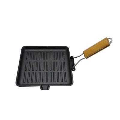 China Sustainable Steak Grill Pan Non-Stick Coated Frying Pan With Wooden Folding Handle for sale