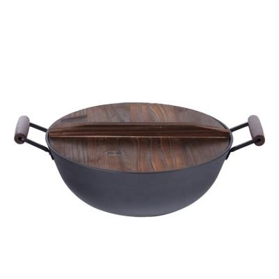 China Ear Sustainable Wooden Double Handle Non-Stick Black Wok for sale