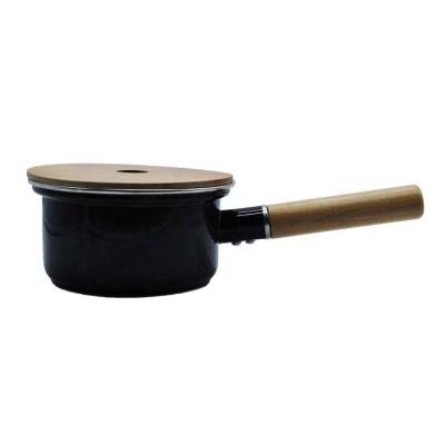 China Customized Printing Sauce Viable Carbon Steel Pan Milk Pot Enamel Metal Pan With Instant Noodles Pot With Wooden Handle for sale