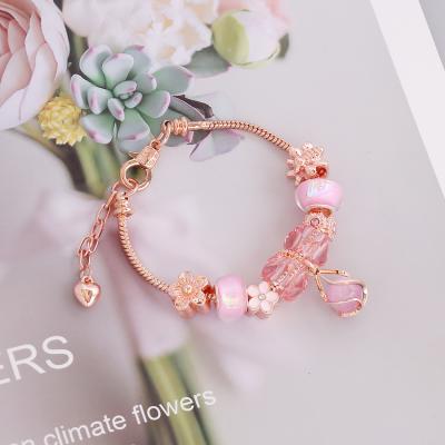 China Fashion Jewelry Rose Gold Beaded Bracelets Women Fashion Hot Selling Flower Round Beads Charms Adjustable Bracelet for sale