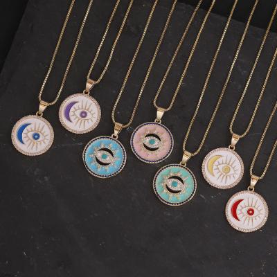 China BOHEMIA Jewelry Zircon Moon Eye Bohemian Necklace For Women Round Drop Oil Enamel Fashion 18K Gold Jewelry Chain Gift for sale