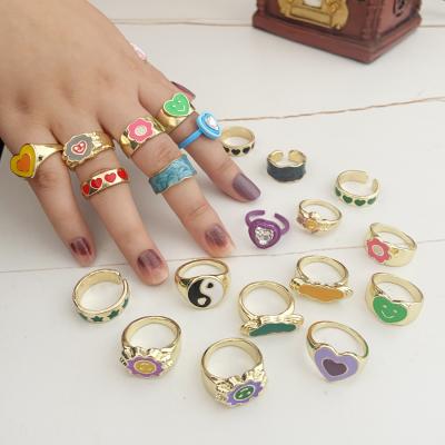 China TRENDY Bohemia Fashion Drop Oil Rings Set Women's Fashion Flower Heart Ring for sale