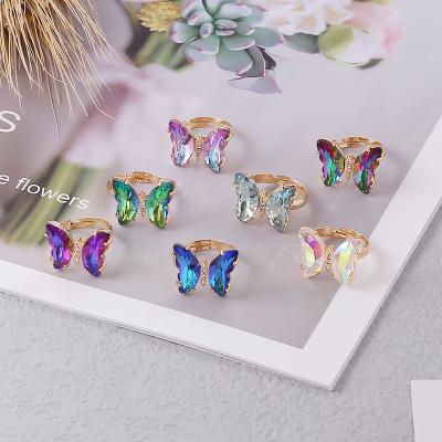 China Trendy Ring For Women 2021 New Zircon Gradient Colored Gold Plated Fashion Butterfly Ring for sale