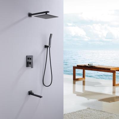 China Without Slide Bar Matte Black Brass Rainfall Shower Faucet Unit Ceiling Shower Set Wall Mounted Bathroom for sale