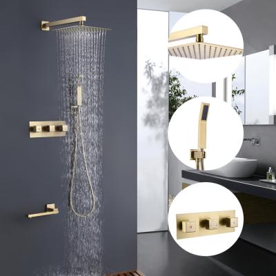 China Without sliding bar European style triple function hidden wall in the shower mixer gold multifunctional top rain shower for sale