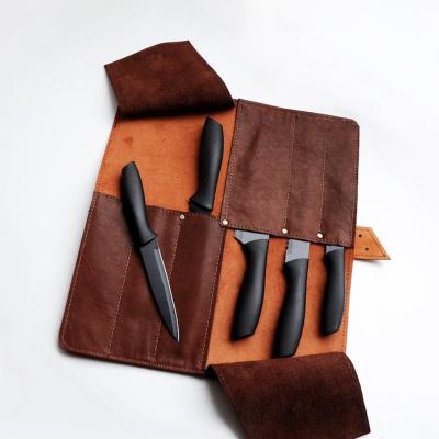 China Eco-Friendly Brown Real Luxury Leather Chef Knife Case Bag Personalized Chefs Knife Roll Bag Folding Kitchen Knives Pouch for sale