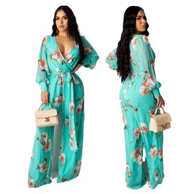 China Women Casual Wide Leg Jumper Suit New Arrival Floral Print Overalls Women Workout One Piece Breathable V-Neck Rompers for sale