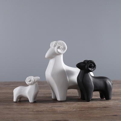 China New Glazed House Opens Art Decor Statuett Cute Black White Sheep Animal Sculpture Ceramic Ornament for sale