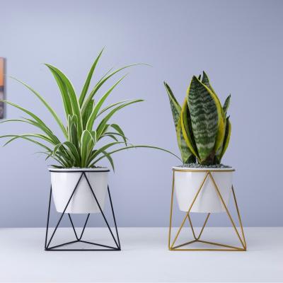 China ECO-frendly Modern Custom Gold Geometry Black Iron Frame for Planting Real Plants Ceramic Plants Potted Flowers and Hanging Vase for sale