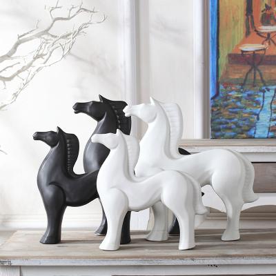 China European Style Home Room Decor White Black Color Glazed Ceramic Horse Sculpture Ornament for sale