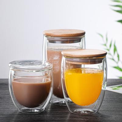 China 250ml Borosilicate Double Wall Glass Sustainable Manufacture Customized Blown Coffee Mug With Bamboo Lid for sale