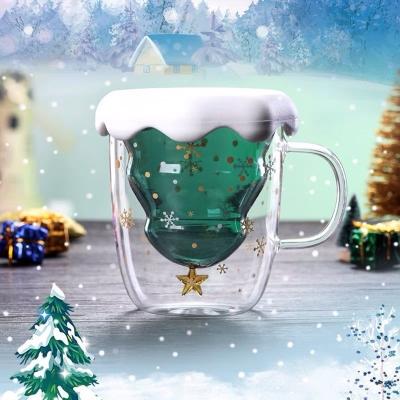 China Viable Wholesale Promotion Glass Christmas Mug Coffee Mugs Gift Mugs Double Wall Christmas Tree Design Drink Mugs for sale