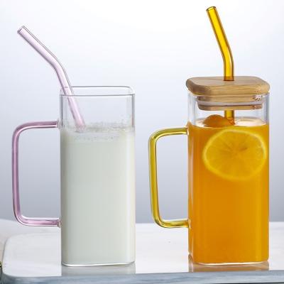 China Viable Wholesale Hot Sale Square Shape Beer Juice Milk Glass Drinking Mug With Colorful Bamboo Handle Lid And Glass Straw for sale