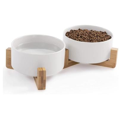 China Good Quality Sustainable Newcomers Multi Purpose Durable 2 Piece Ceramic Round Pet Bowls With Wooden Rack for sale