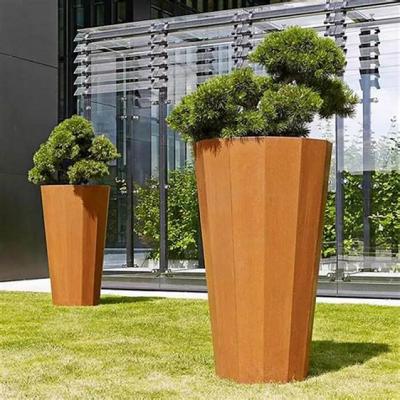 China Modern Set of 2 Tall Outdoor Corten Steel Planters with Interior Cavity, 24 Inch Tall Outdoor Planters with Small Planting Pots for sale