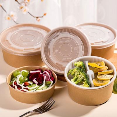 China Modern Biodegradable Cardboard Disposable Food Containers Foam 3 Compartment Round PP Lid Salad Paper Bowl Set With Pla Liner for sale