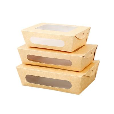 China Eco-friendly Disposable Biodegradable Stocked Kraft Paper Square Paper Container Salad Lunch Box Takeaway Packaging With Lid Window for sale