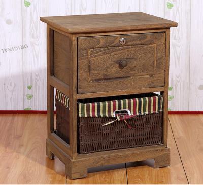 China Antique Roasted End Table Hotel Bedroom Nightstand Antique Bedside Table With Handwoven Basket Drawer for sale