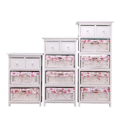 China Modern white living room decoration balcony wooden storage cabinet with rattan drawer for sale