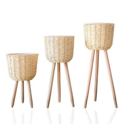 China Modern Eco-friendly Waterproof Handwoven Modern Indoor Corn Bran Flower Plants Pots With Wooden Stand for sale