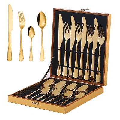 China Viable Hot Seller Customized LOGO Mirror Polish Stainless Steel Cutlery Set Gold Plated Dinnerware 24pcs Flatware Set for sale