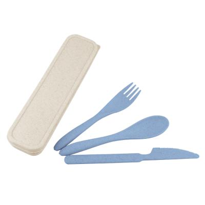 China Disposable Colorful Wheat Fiber Straw Cutlery Plastic Knife Spoon Eco-Friendly Fork Set With Case Portable Travel Camping Flatware for sale