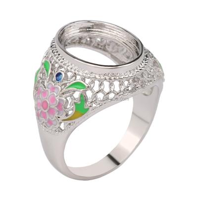 China Lead and Nickel Plated New Fashion Free Platinum Round Silver 12*16MM Semi-Manufactured Hollow Cut Flower Enamel Ring DIY Finding Base Holder for sale