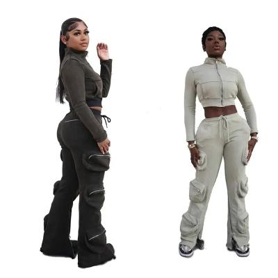 China Anti-wrinkle Y2k Flare Zipper Bottom Women Trouserts Crop Zip Up Hoodie Sexy Women Cargo Pants Side Pockets Cargo Sweatpants For Women for sale