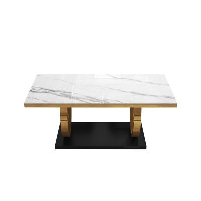 China Factory Price Luxury Modern New Renovation Style Minimalist Matte Gold High Gloss Dining Table for sale