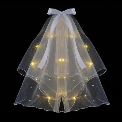 China Valentine's Day Romantic Polyester Tulle White Bow Headband Bridal Wedding Veil with LED Pearl Ribbon White Veils for sale