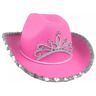 China Pink Image Haiwin Party Pink Bling Cowgirl Hat Novelty Cowboy Hat With Blink Tiara for sale