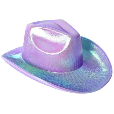 China Custom Iridescent Metallic Purple Holographic Image Haiwin Party Space Cowboy Rave Hat for sale