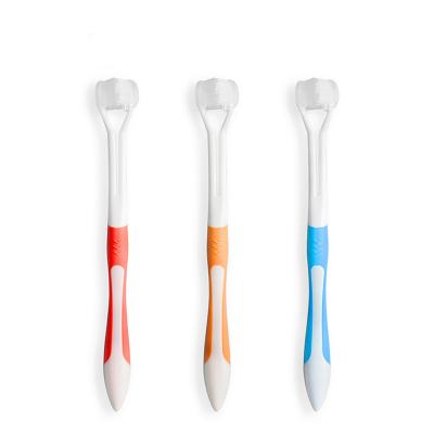 China Stocked Good Quality Portable Super Soft Custom Grooming Non-Toxic Tooth Teeth Cleaning 3 Sided Pet Brush Dog Toothbrush for sale