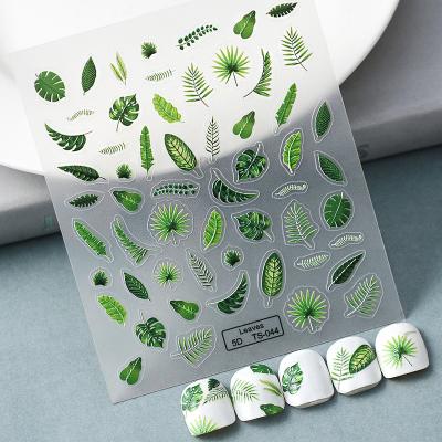 China Summer Color Plastic Green Leaves 5D Nail Sticker Embossed Adhesive Nail Art Back Glue Sliders for sale