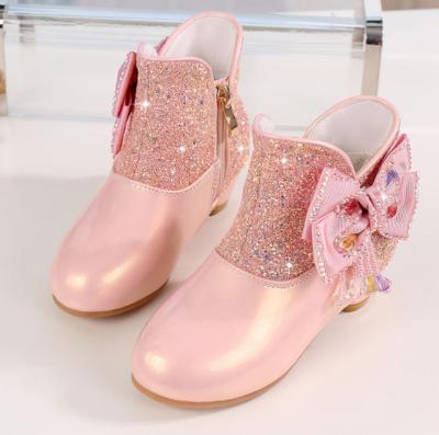 China cy13117a Winter Autumn Children Shoes Bow Sequined Zipper Princess Baby Girl Breathable High-heeled Boots for sale