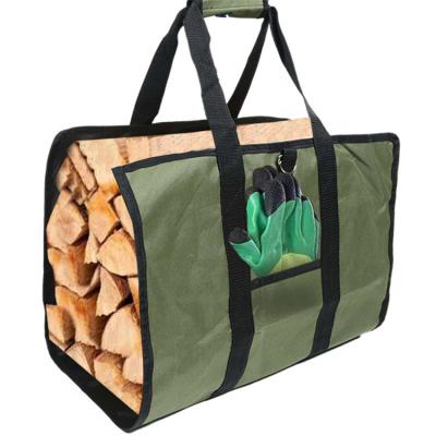 China Custom Indoor Outdoor Camping Firewood Rack Tote Bag Waxed Canvas Oxford Wood Stove Log Carrier Firewood Carrier Bags for sale