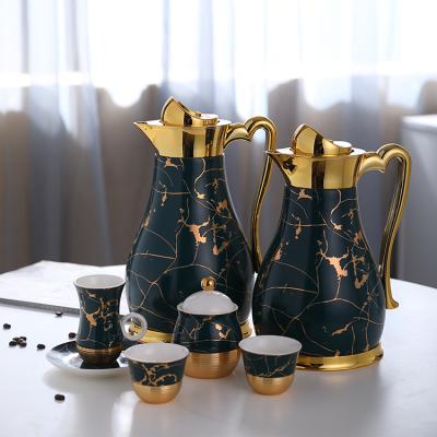 China Arabic Marble Glass Inner Kettles 1L Large Capacity Gold Rim Ceramic Coffee Pot Gift Set Luxury Arabic Thermos Vacuum Flask for sale