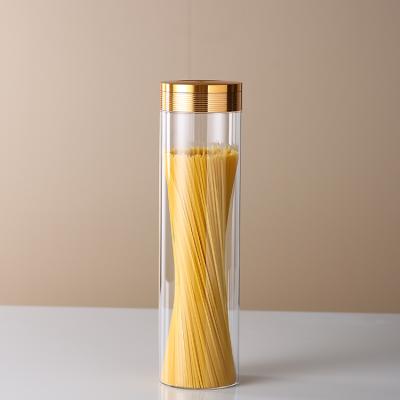 China Viable Gold Lid Cylinder Bottles Coffee Beans Beans Candy Pasta Glass Bottle Jar Containers Kitchen Storage Canister for sale