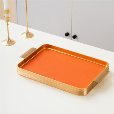 China Wholesale Hotel Home Restaurant Hotel Serving Gold Rim Home Decor Black Display Trays Modern Cafe Glass Tray With Leather And Handle for sale