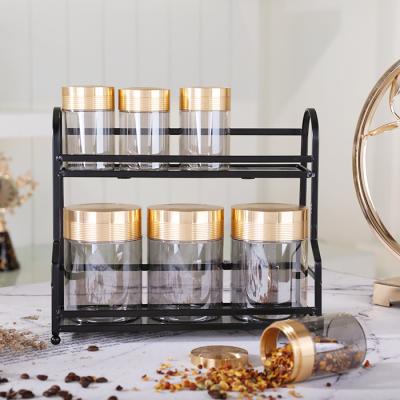 China Wholesale Viable Canisters Cylinder Coffee Tea Coffee Canister Kitchen Cookie Food Jar Glass Storage Jars With Metal Rack for sale