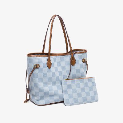 China Fashion Factory Packing Cheap Casual Blue Handbags Canvas Satchel Grid Trendy Handbags For Women for sale