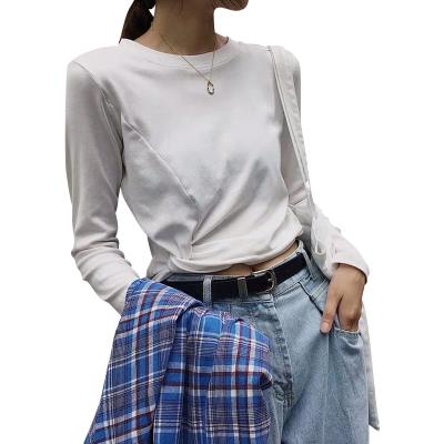 China Anti-wrinkle 2021 spring and autumn INS style loose and thin knotted long-sleeved women's T-shirt solid color short sinking shirt for sale