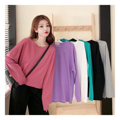 China 2021 Autumn Anti-wrinkle and embroidery all-match hot spring loose mid-length low-rise ladies long-sleeved T-shirt for sale