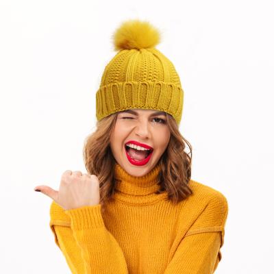 China COMMON Europe and America Fall and Winter Ladies Stretch Wheat Ear Hair Ball Solid Color Silky Warm Knitted Hat for sale