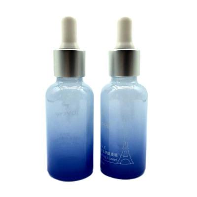 China Shoulder 30ml Cosmetic Gradient Round 1oz Light Blue Oil Dropper Glass Bottles With Dropper for sale