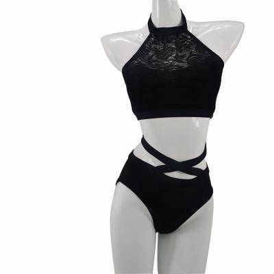 China Top& Black Bottom Hot Selling Nylon Flower Mid Waist Mesh Ladies Sexy Halterneck Top Pants Plus Size Women Poles Fitness Dance Wear for sale