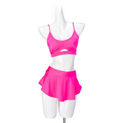 China Top& Ladies Sexy New Fuchsia Nylon Bra Top Skirt Sportswear Plus Size Female Gym Set Skorts And Skirts Exotic Pole Dance Wear for sale