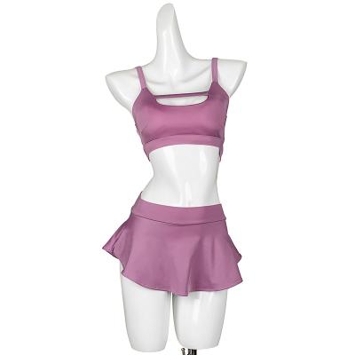 China Top& Wholesale Price Purple Matte Nylon Women Ruffle Shorts Pole Skirt Active Wear Set Sexy Mid Waist Ladies Fitness Dance Wear for sale